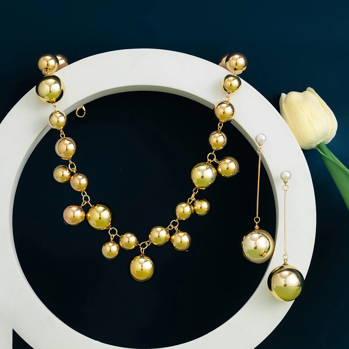Ball Bead Chain Necklace & Drop Earrings