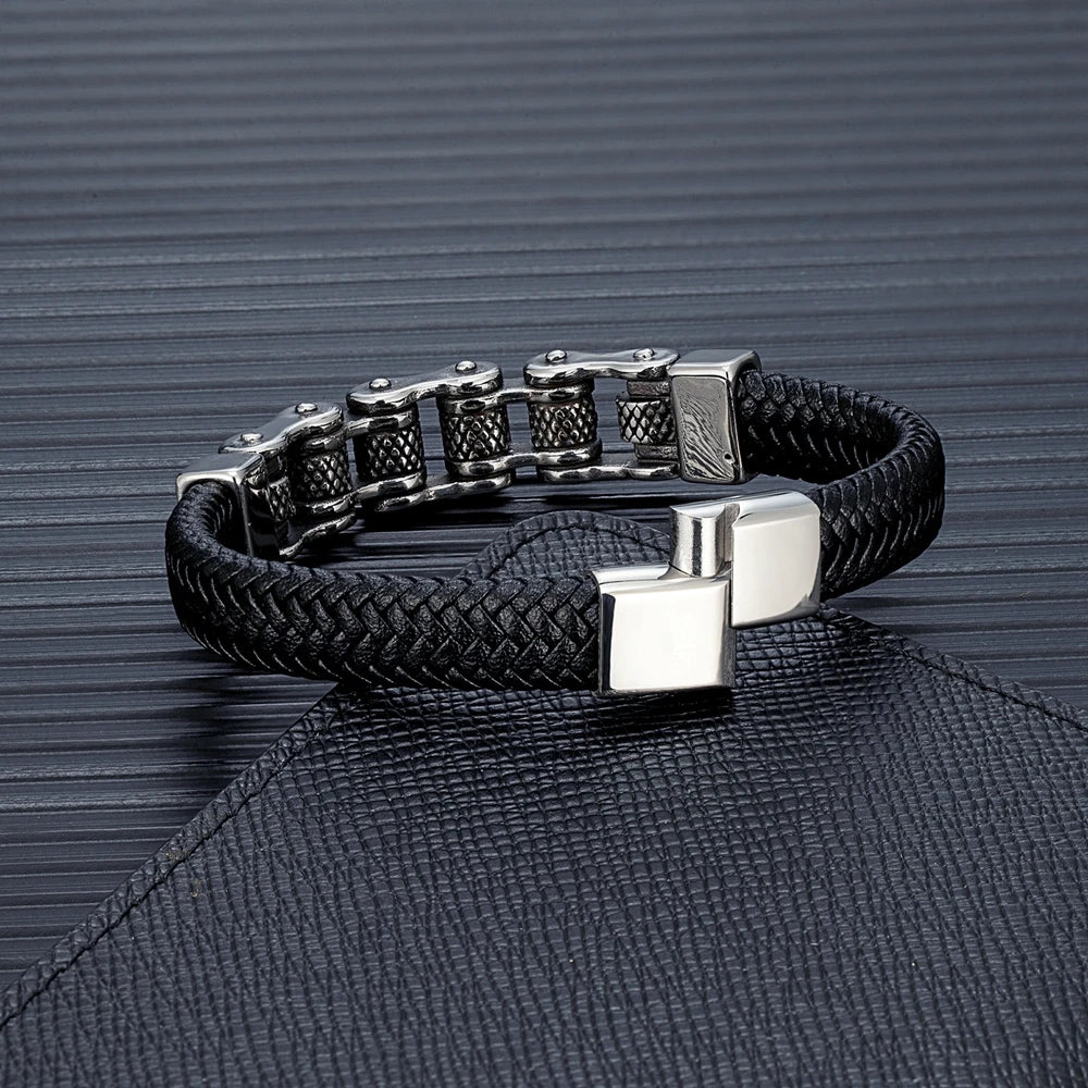 Biker Chain Braided Genuine Leather/ Stainless Steel