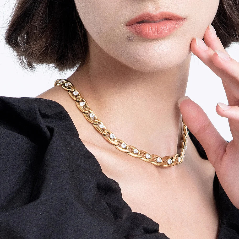 Luxurious Stainless Steel Zircons Gold Necklace