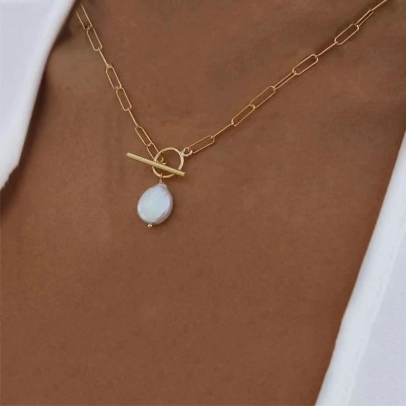 Tourmaline Natural Pearl Charm Gold-Colored Necklace