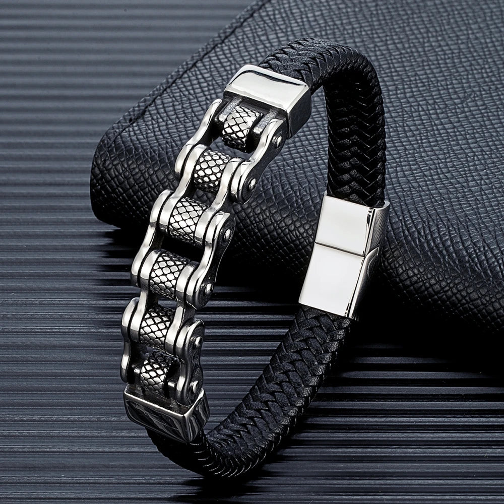 Biker Chain Braided Genuine Leather/ Stainless Steel