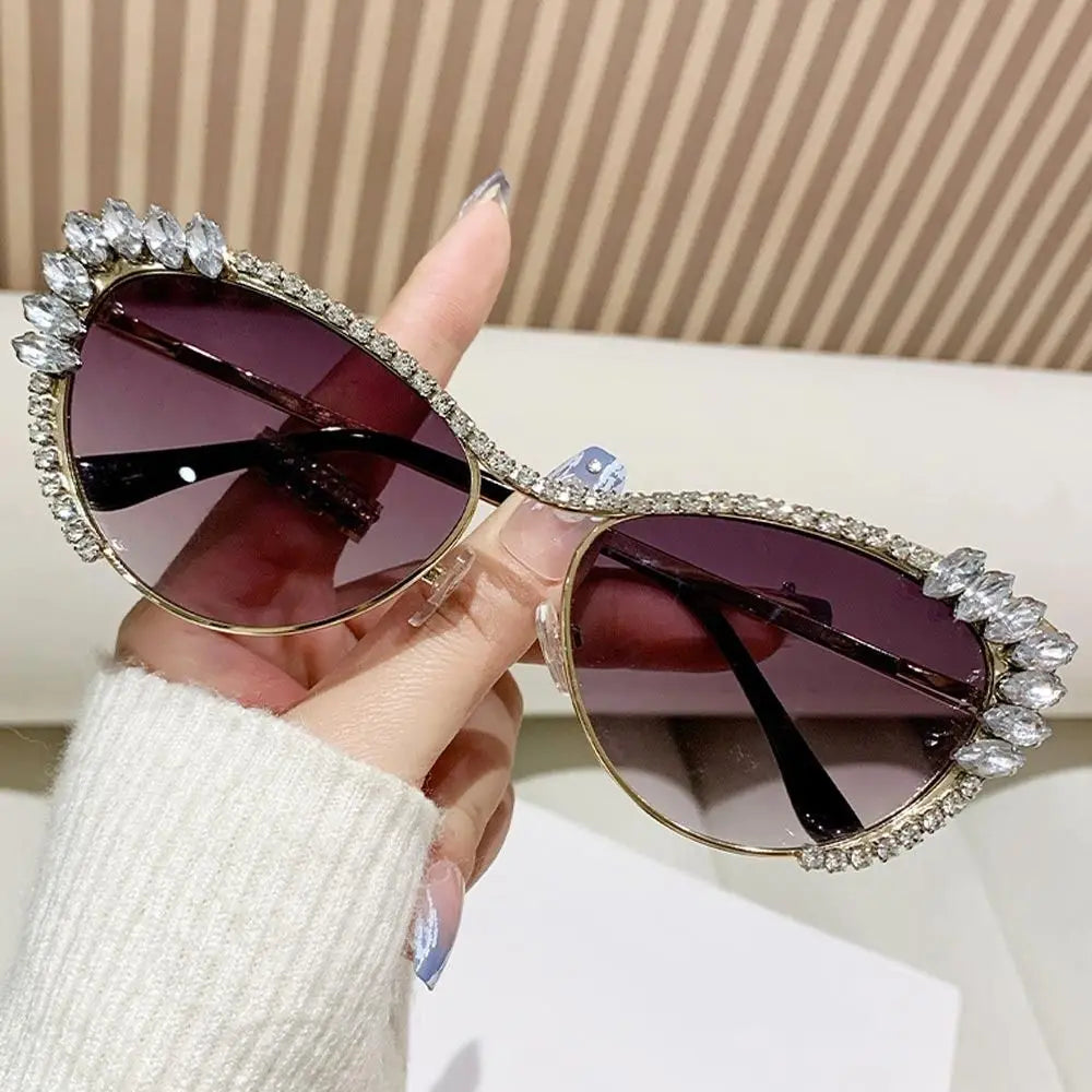 Cat-Eye Rhinestone Embellished Metal Sunglasses