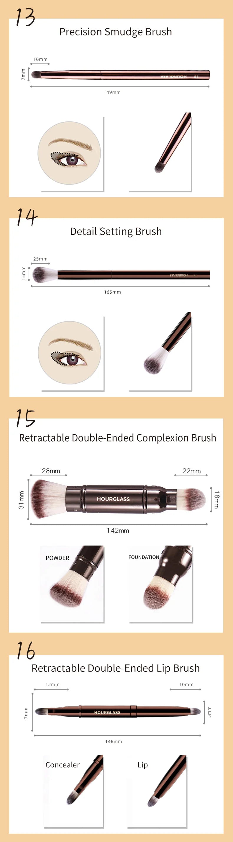 Hourglass Makeup Brushes Powder Foundation | Concealer | Blusher Bronzer | Eye Shadow  |Eyebrow Brush