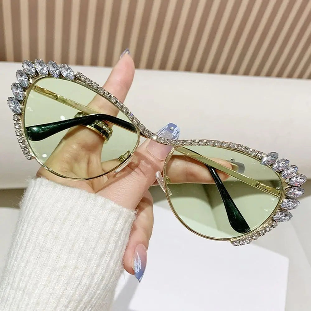 Cat-Eye Rhinestone Embellished Metal Sunglasses