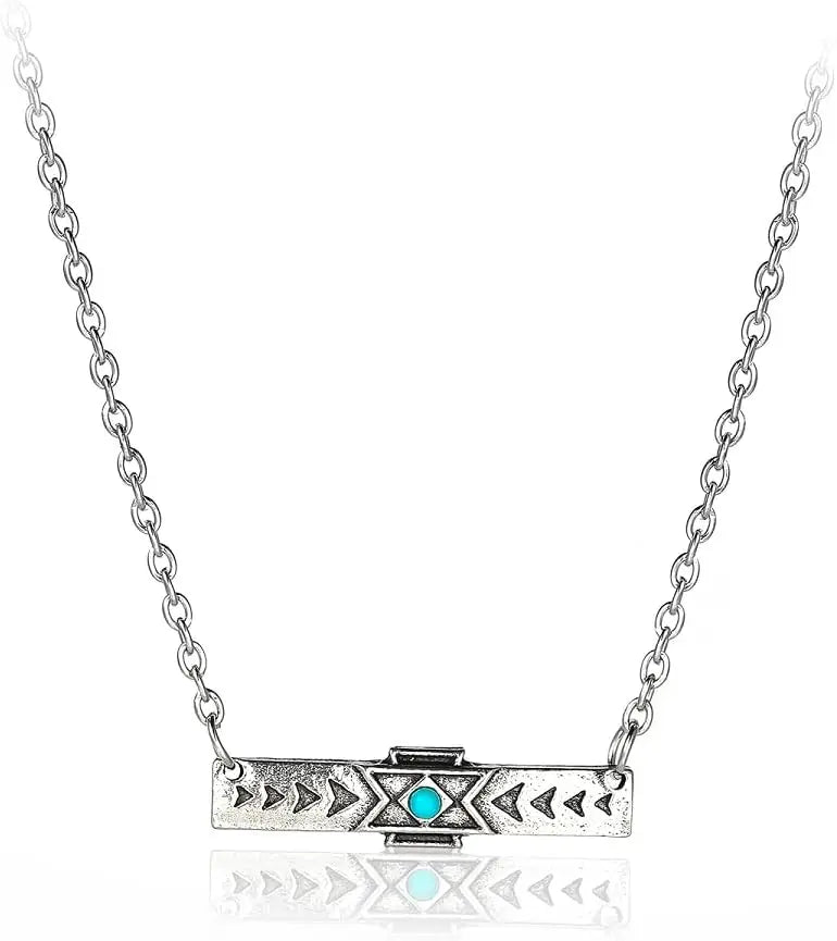 Natural Turquoise Boho Bead Silver Necklace