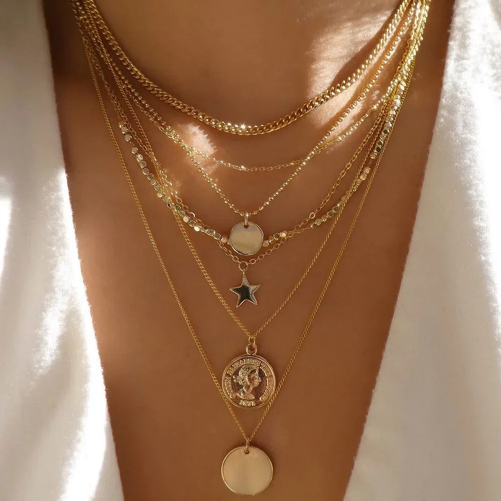 Gold Multi-Layer Crystal Pendant Necklaces