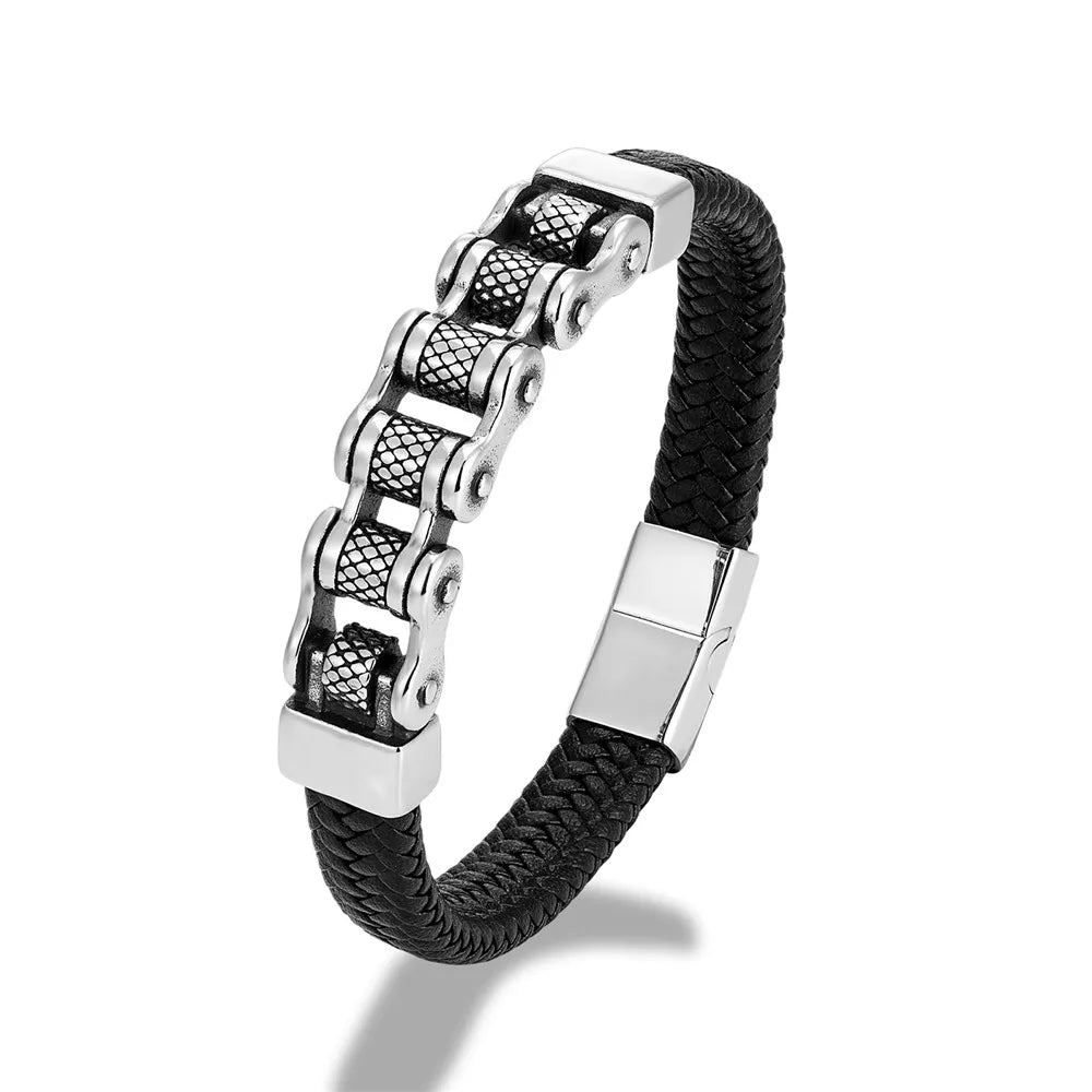 Biker Chain Braided Genuine Leather/ Stainless Steel