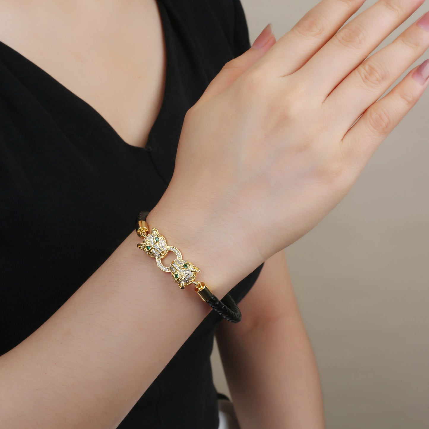 Leopard Head Braided Stainless Steel Zirconia Jewelry