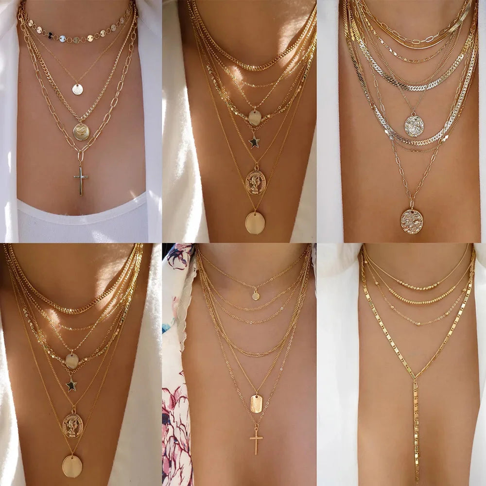 Gold Multi-Layer Crystal Pendant Necklaces