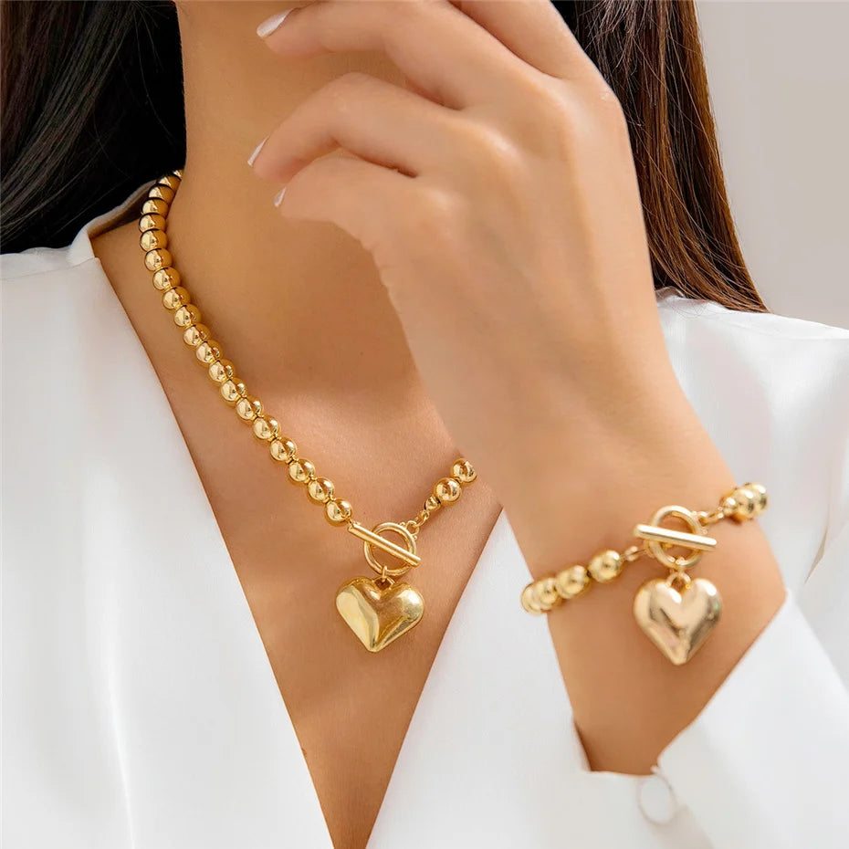 Love Heart Choker Necklace and Bracelets Set