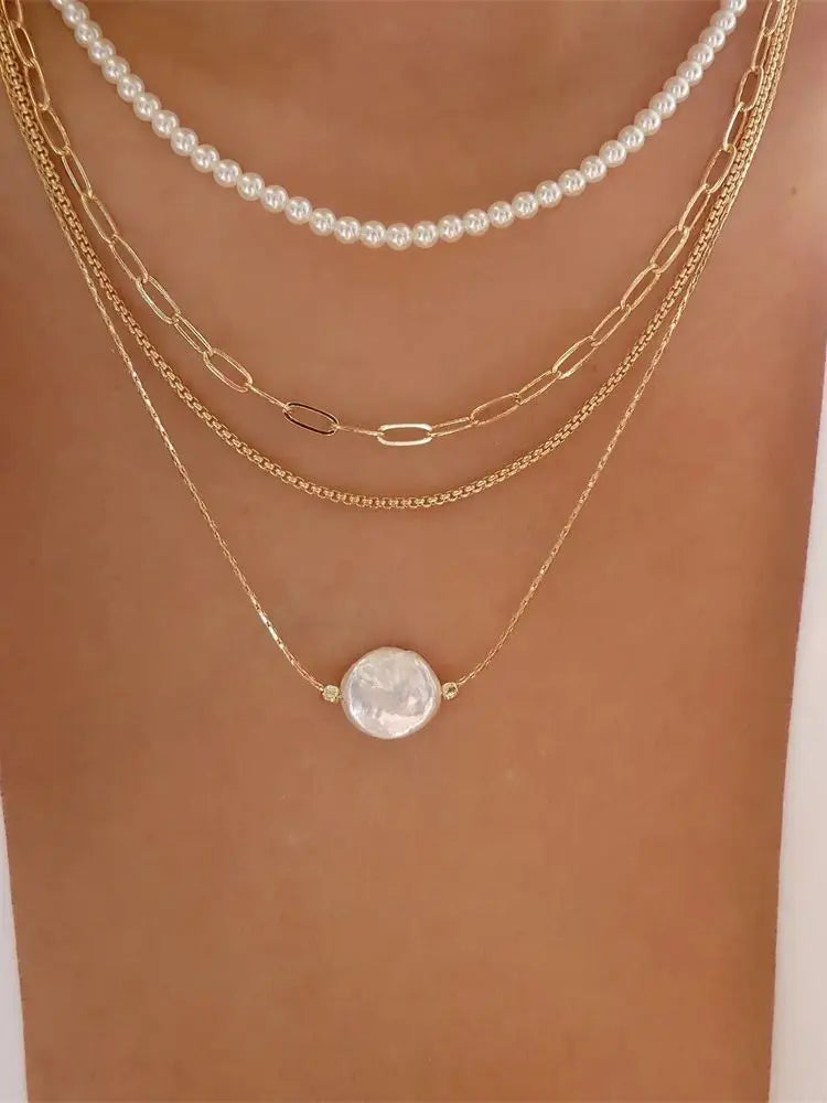 Pendant Pearl Necklace Gold Color Multi-layer