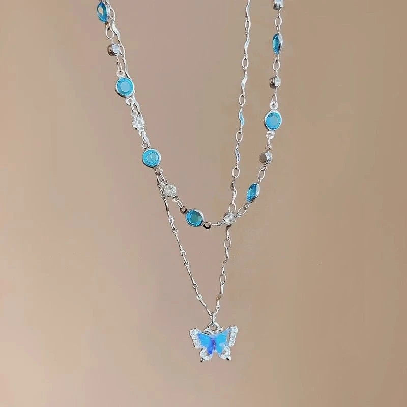 Romantic Blue Crystal Butterfly Necklace Fine Jewelry