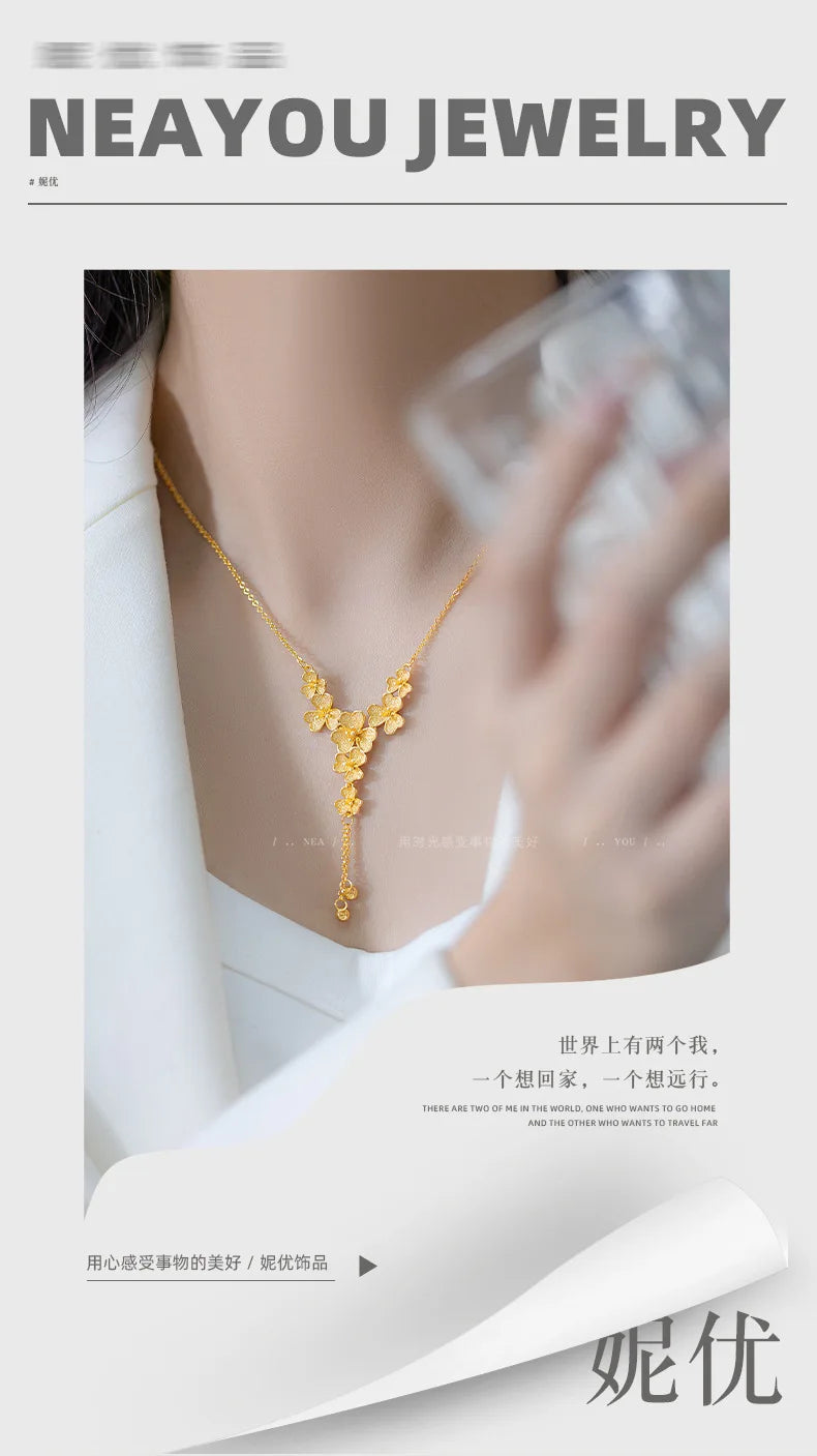 Real Gold 24K three-petaled grass collarbone necklace