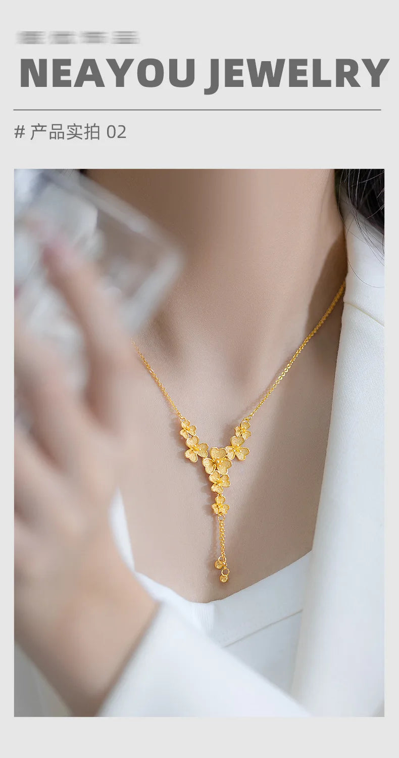 Real Gold 24K three-petaled grass collarbone necklace