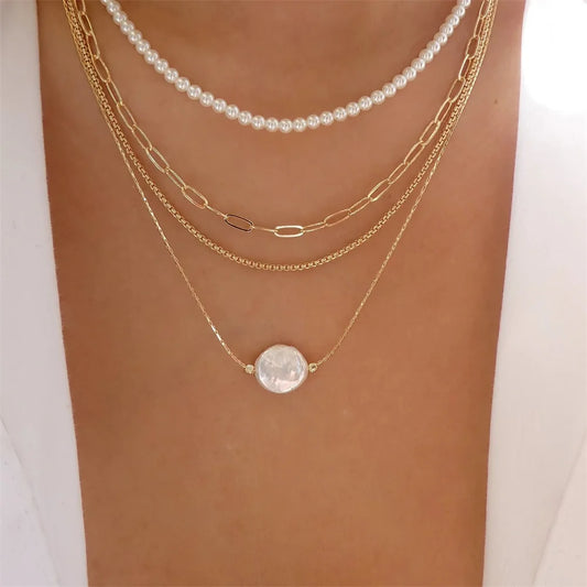 Pendant Pearl Necklace Gold Color Multi-layer