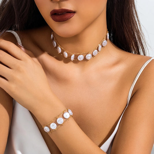 Pearl Chain Necklace and Bracelet Set