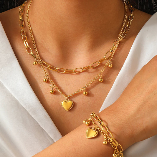 Heart Beads Double Layered Necklace | Bracelet Set