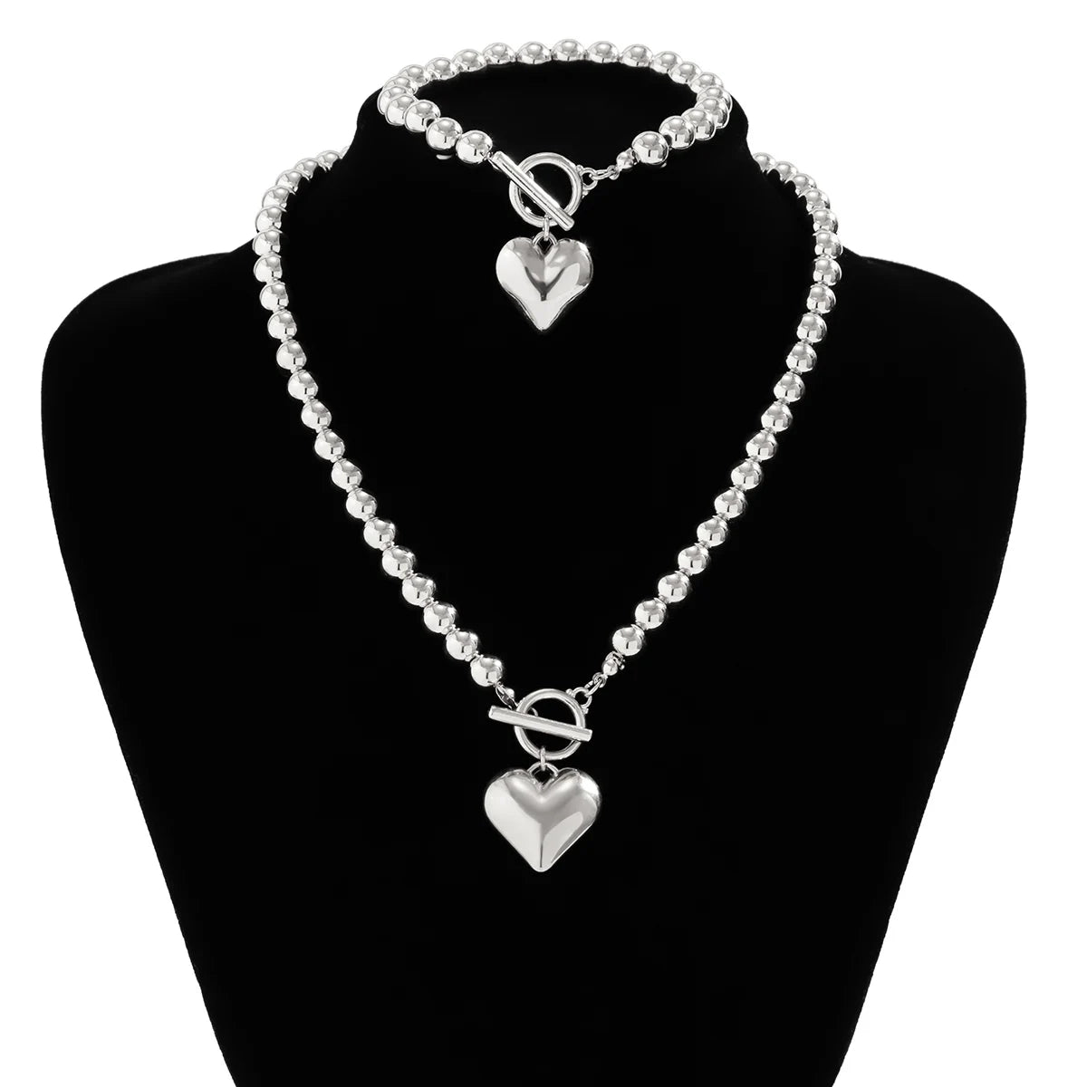 Acrylic Beads String Necklace & Bracelet With Heart Pendant