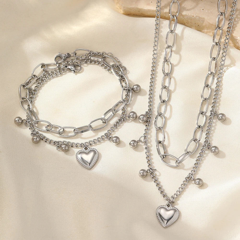 Heart Beads Double Layered Necklace | Bracelet Set
