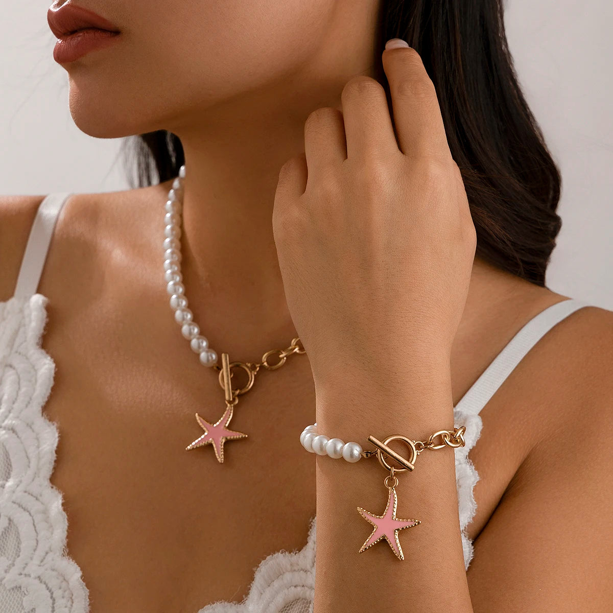 2Pcs Starfish OT Buckle Pendant Necklace Jewelry Set