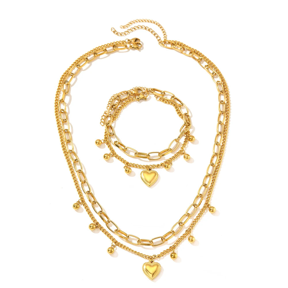 Heart Beads Double Layered Necklace | Bracelet Set