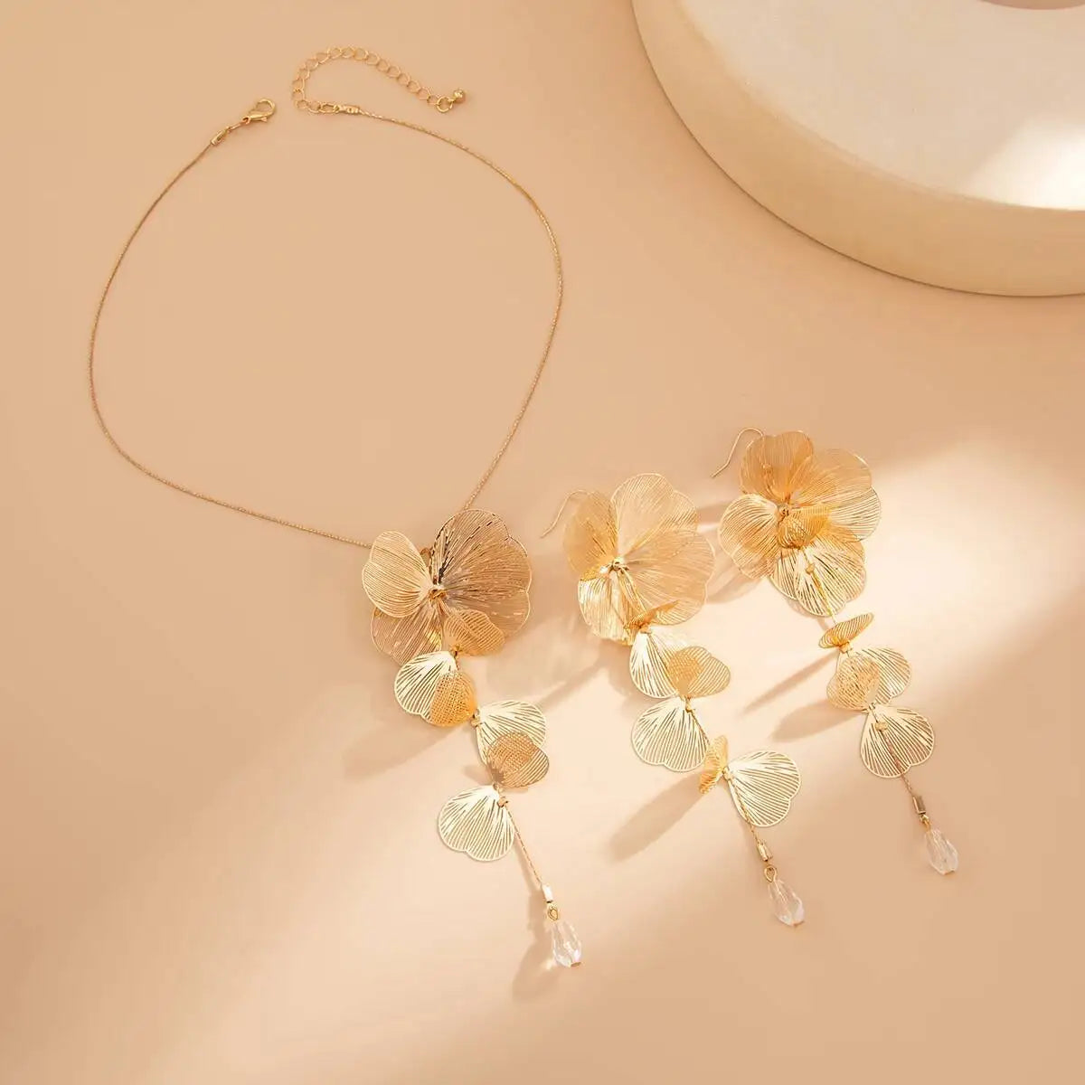 Petal Flower Pendant Necklace &  Piercing Drop Earrings