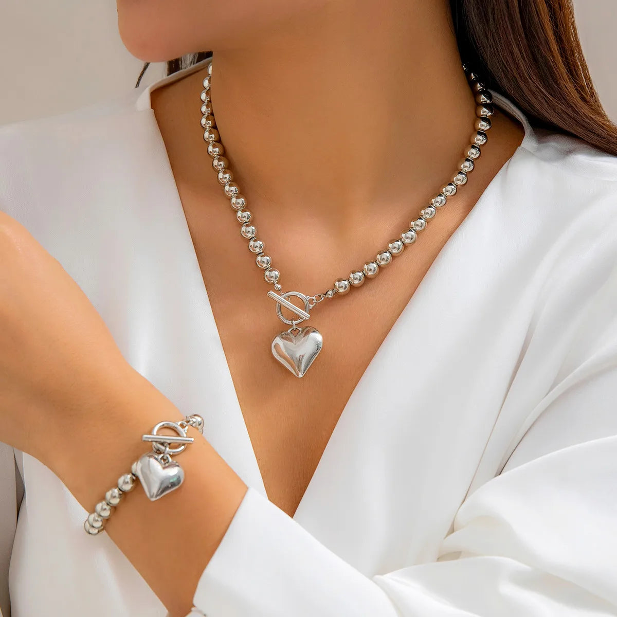 Acrylic Beads String Necklace & Bracelet With Heart Pendant