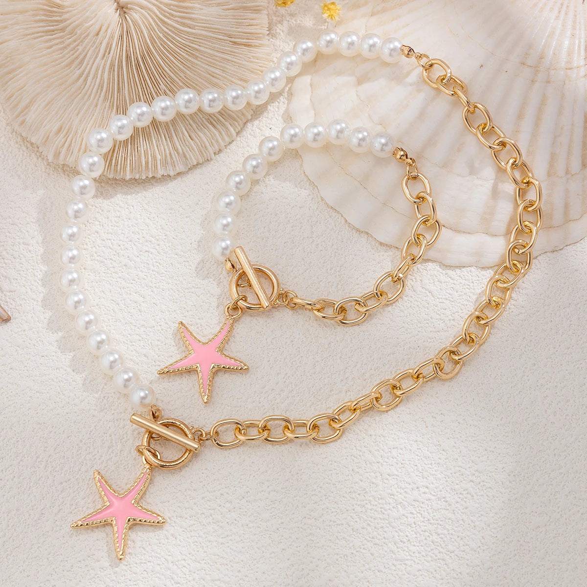 2Pcs Starfish OT Buckle Pendant Necklace Jewelry Set