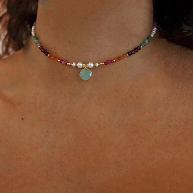 Tourmaline Natural Pearl Charm Gold-Colored Necklace