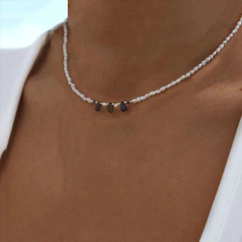 Tourmaline Natural Pearl Charm Gold-Colored Necklace