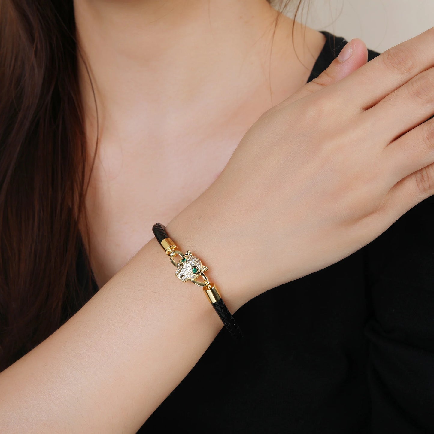 Leopard Head Braided Stainless Steel Zirconia Jewelry