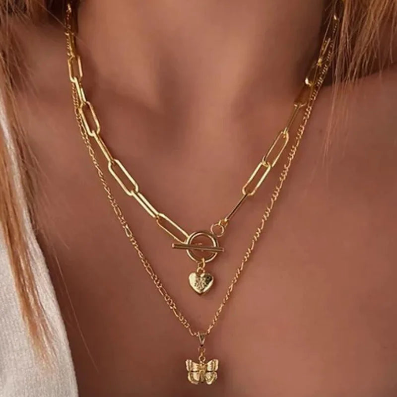 Gold Heart-Shaped Trendy Multi-Layer Necklaces