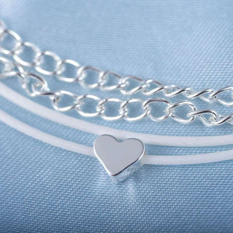Bohemian Silver Heart Multi Chain Anklet