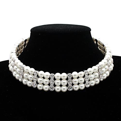 Rhodium Brass Necklace with Synthetic Pearl in White