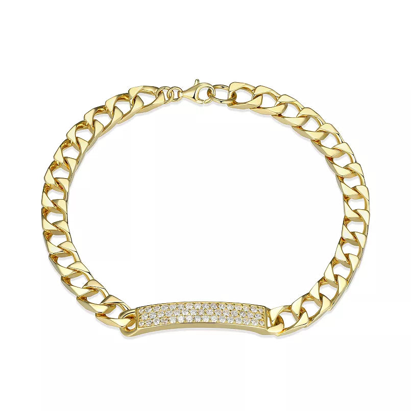 18k Gold Over Silver Cubic Zirconia ID Link Bracelet