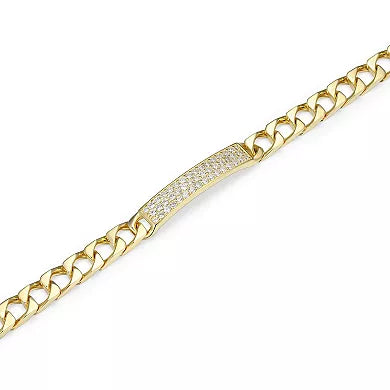 18k Gold Over Silver Cubic Zirconia ID Link Bracelet